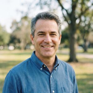 A head-and-shoulders portrait of Pastor David "Dave" Miller with salt-and-pepper hair, wearing a blue button-down shirt, standing outdoors with a blurred background of trees and grass.